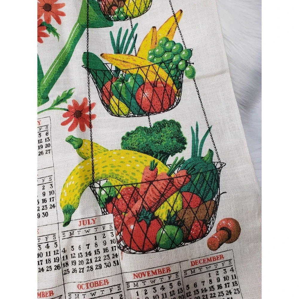 Vintage 1982 Linen Tea Towel Calendar Fruit Garden cottagecore Decor Kitchen 70s